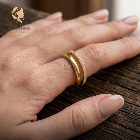 925 Sterling Silver Double Band Eternity Ring – Moissanite & CZ Gold Stacking Ring