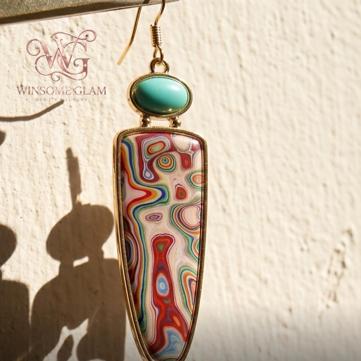 18k Gold Plated Fordite Asymmetrical Earrings, Boho Dangle Leaf Earrings, Colorful Mismatched Drop Earrings, Unique Gift for 
