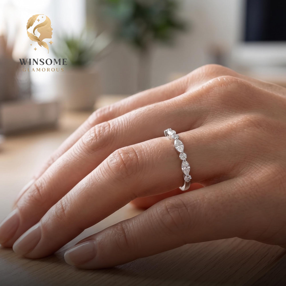 Moissanite Wedding Band Gold | Alternating Marquise Round Stacking Ring | Vintage Style Matching Diamond Band | Unique Annive