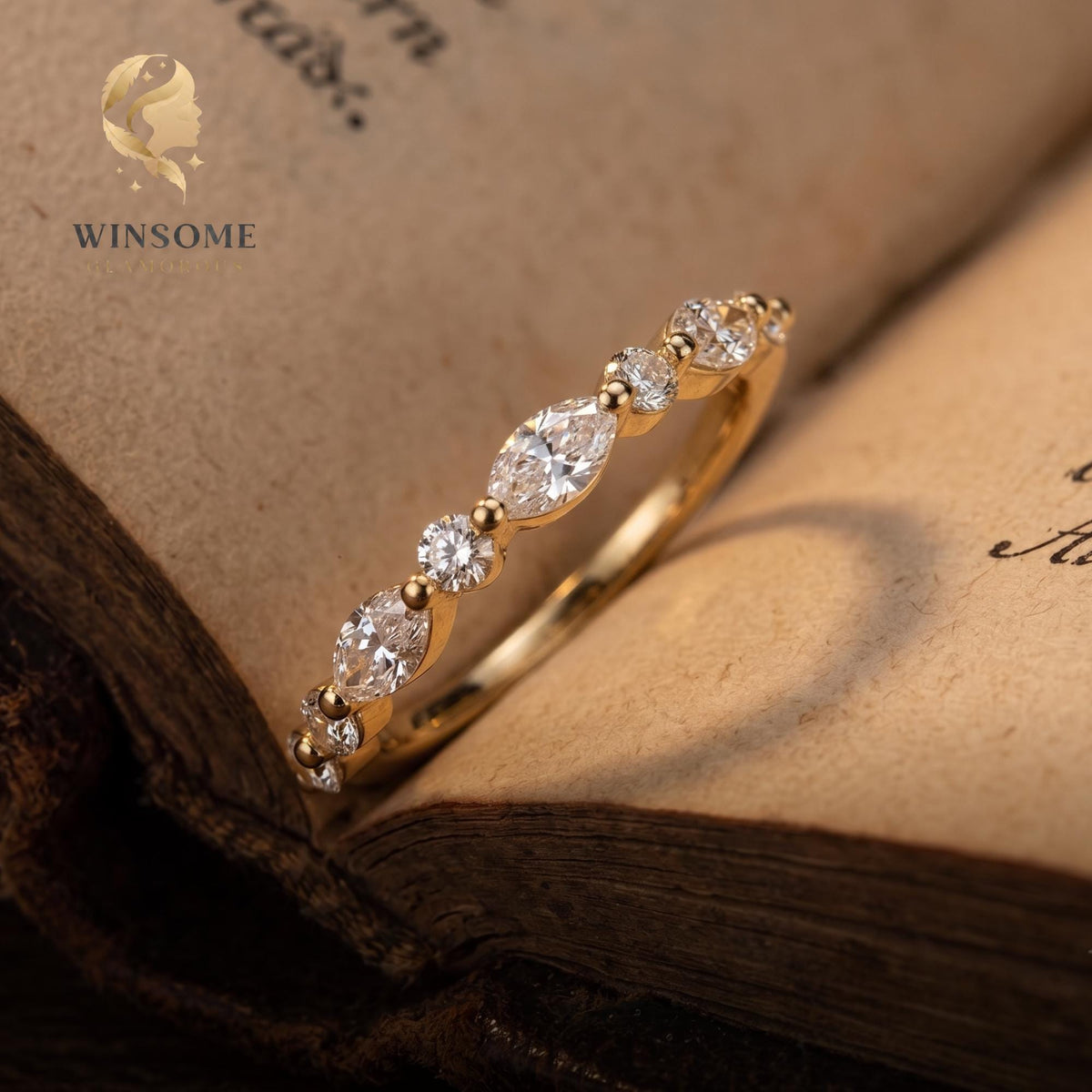 Moissanite Wedding Band Gold | Alternating Marquise Round Stacking Ring | Vintage Style Matching Diamond Band | Unique Annive