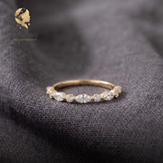 Moissanite Wedding Band Gold | Alternating Marquise Round Stacking Ring | Vintage Style Matching Diamond Band | Unique Annive