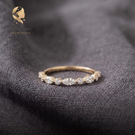 Moissanite Wedding Band Gold | Alternating Marquise Round Stacking Ring | Vintage Style Matching Diamond Band | Unique Annive