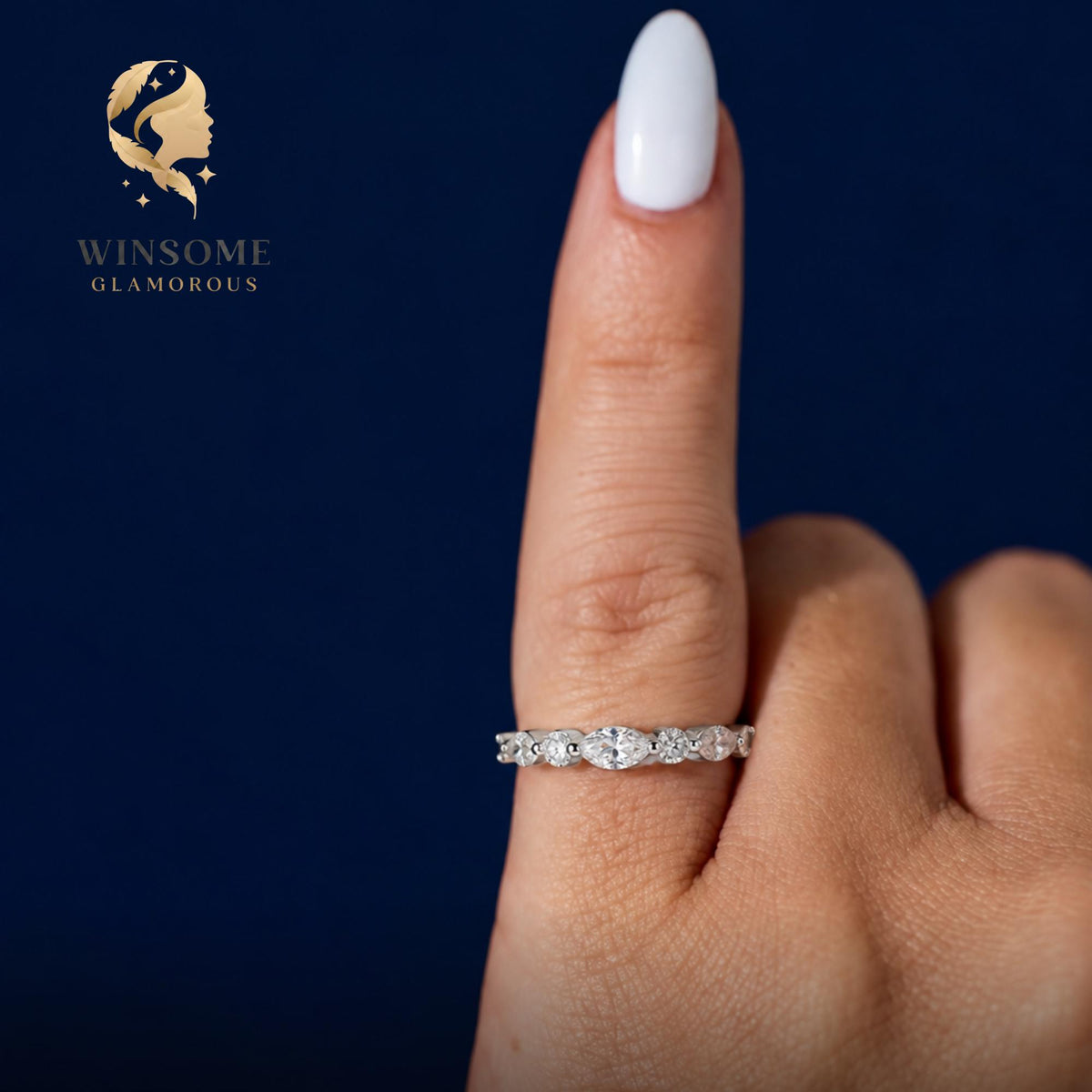 Moissanite Wedding Band Gold | Alternating Marquise Round Stacking Ring | Vintage Style Matching Diamond Band | Unique Annive