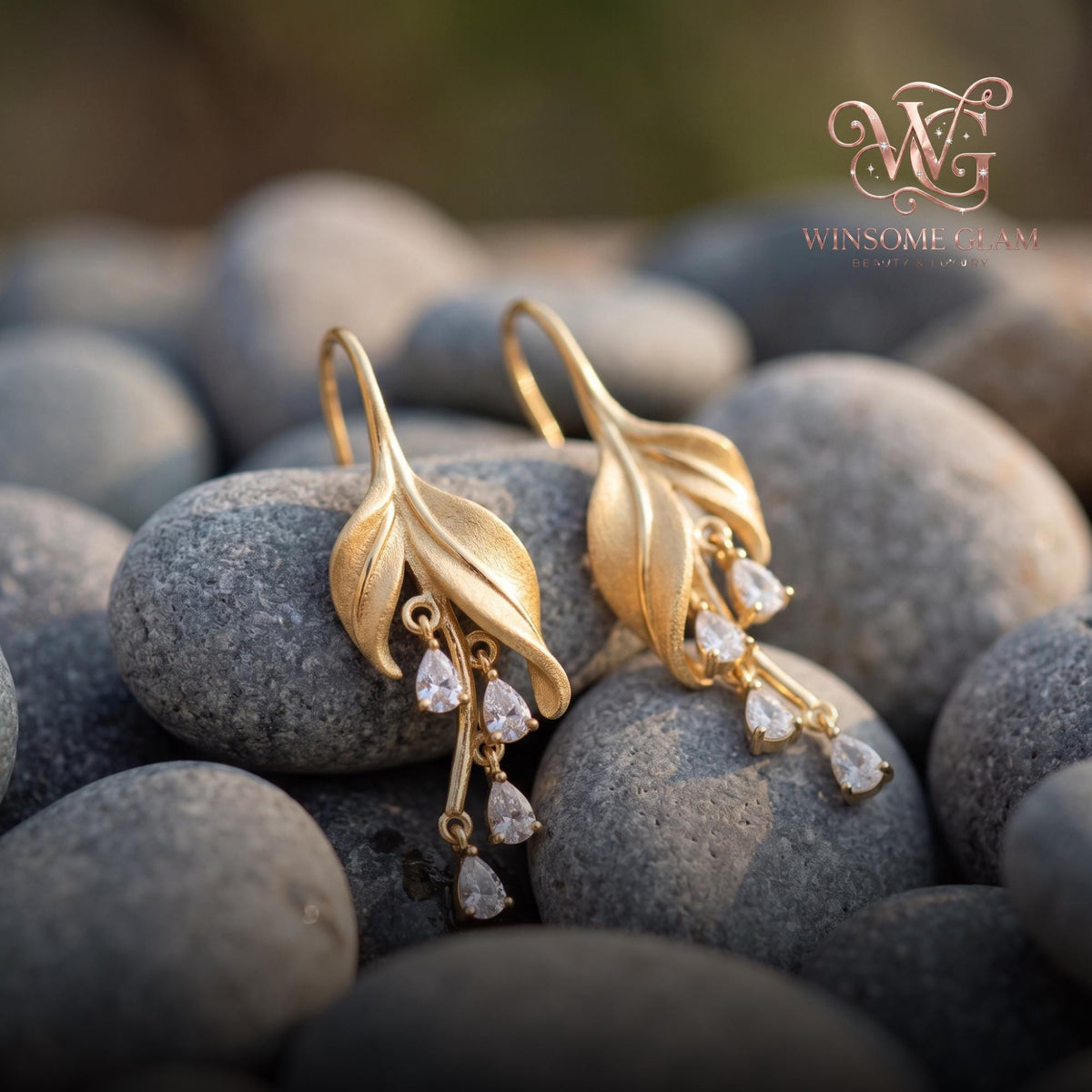 Gold Leaf Dangle Earrings • Zircon Teardrop • 14K Gold Plated • Botanical Jewelry • Minimalist Earrings • Gift for Her | Ever