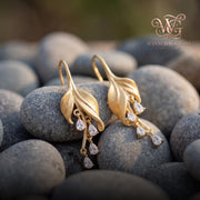 Gold Leaf Dangle Earrings • Zircon Teardrop • 14K Gold Plated • Botanical Jewelry • Minimalist Earrings • Gift for Her | Ever