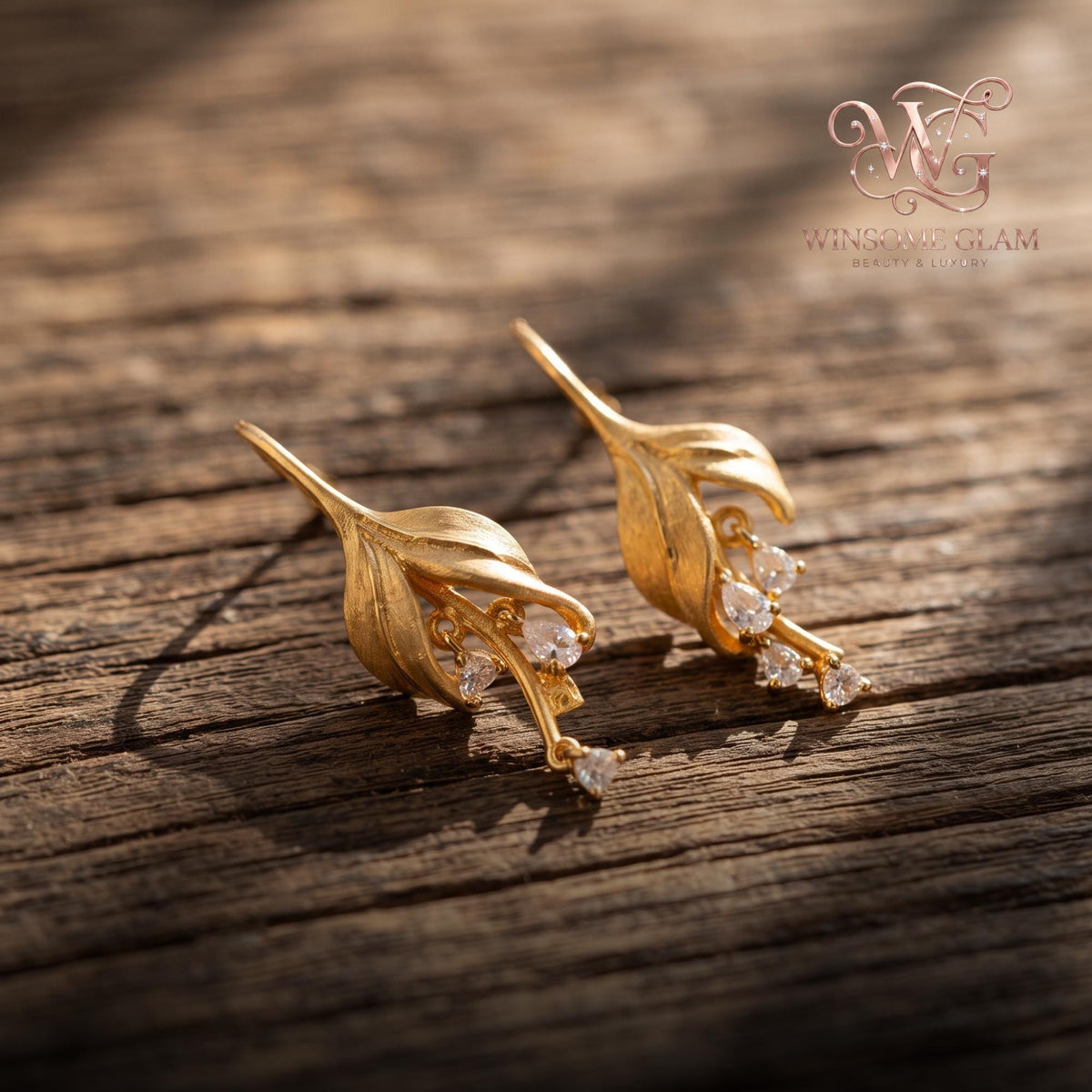 Gold Leaf Dangle Earrings • Zircon Teardrop • 14K Gold Plated • Botanical Jewelry • Minimalist Earrings • Gift for Her | Ever