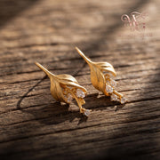 Gold Leaf Dangle Earrings • Zircon Teardrop • 14K Gold Plated • Botanical Jewelry • Minimalist Earrings • Gift for Her | Ever