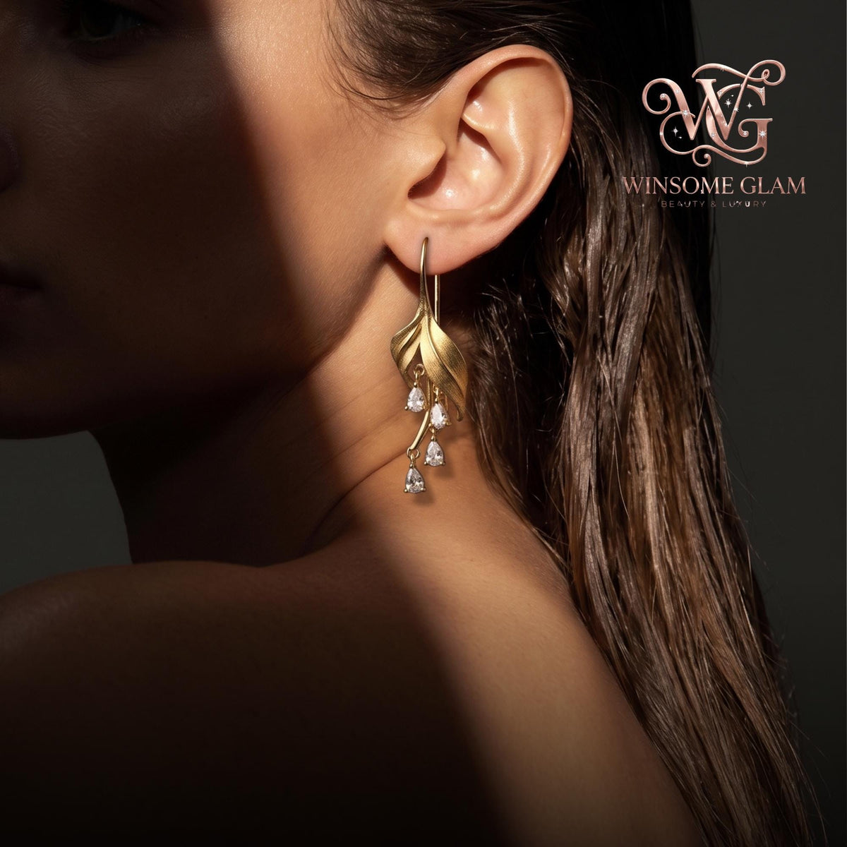 Gold Leaf Dangle Earrings • Zircon Teardrop • 14K Gold Plated • Botanical Jewelry • Minimalist Earrings • Gift for Her | Ever