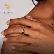 Tungsten Moss Agate Wedding Band | Comfort Fit 4mm 6mm 8mm Ring for Men & Women, Gold Foil Stone Inlay, Anniversary Promise R