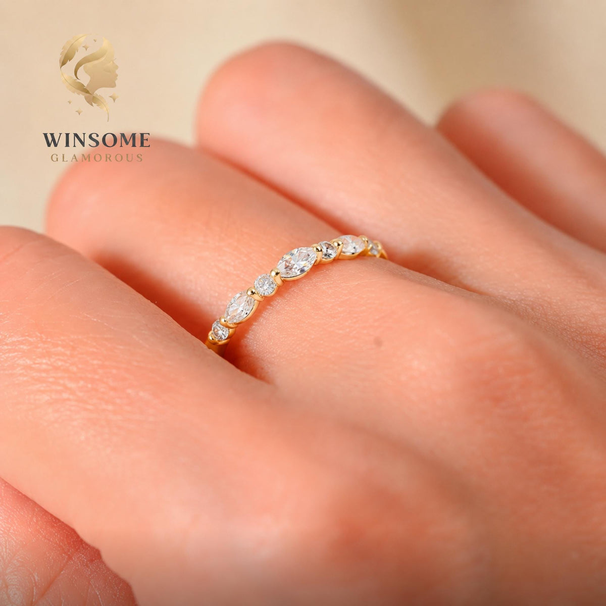Moissanite Wedding Band Gold | Alternating Marquise Round Stacking Ring | Vintage Style Matching Diamond Band | Unique Annive