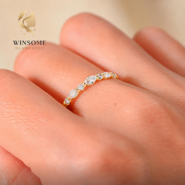Moissanite Wedding Band Gold | Alternating Marquise Round Stacking Ring | Vintage Style Matching Diamond Band | Unique Annive