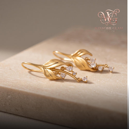 Gold Leaf Dangle Earrings • Zircon Teardrop • 14K Gold Plated • Botanical Jewelry • Minimalist Earrings • Gift for Her | Ever