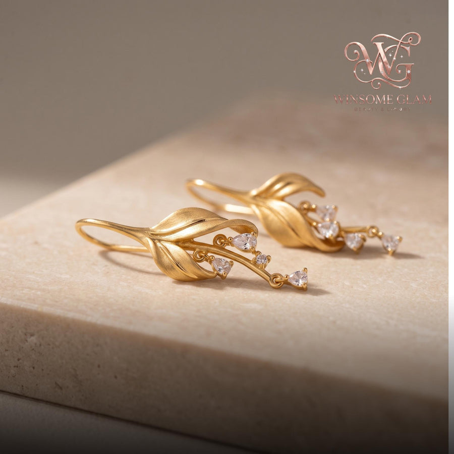 Gold Leaf Dangle Earrings • Zircon Teardrop • 14K Gold Plated • Botanical Jewelry • Minimalist Earrings • Gift for Her | Ever