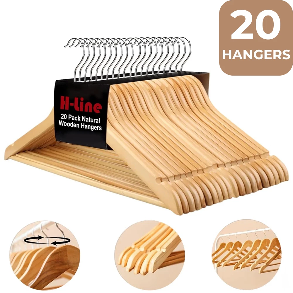 20 X WOODEN COAT HANGERS SUIT GARMENTS CLOTHES WOOD HANGER TROUSER BAR SET — thumbnail 6