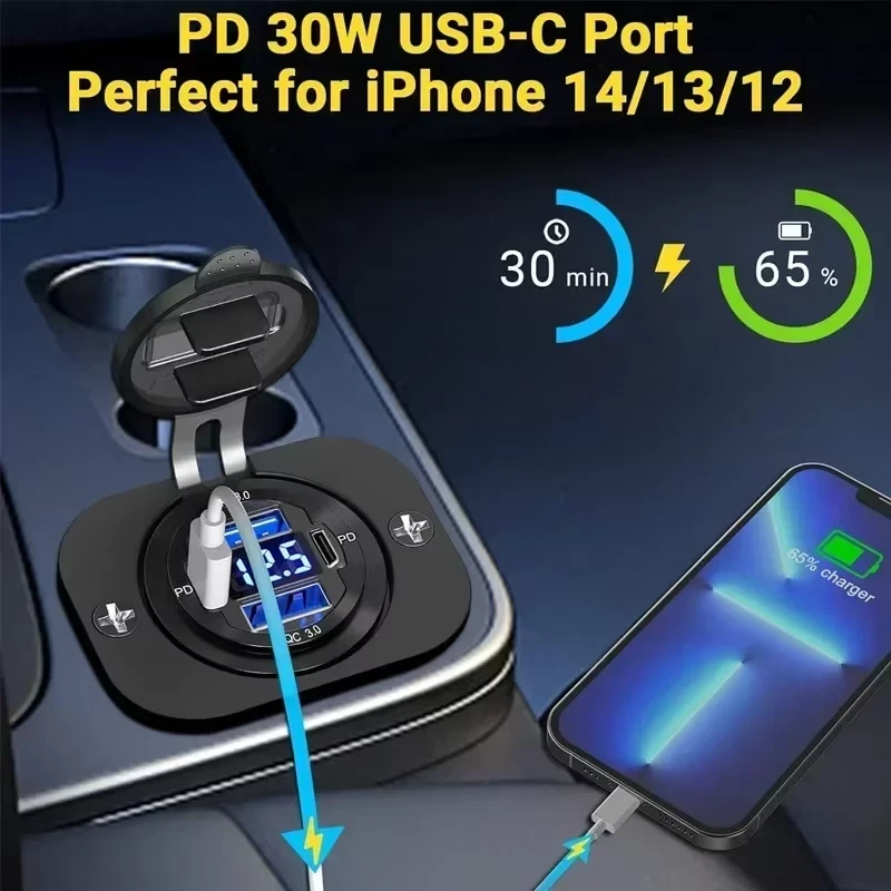 QC 3.0 USB Dual PD Type-C Fast Car Charger Power Outlet Socket Adapter 12V 24V — thumbnail 6