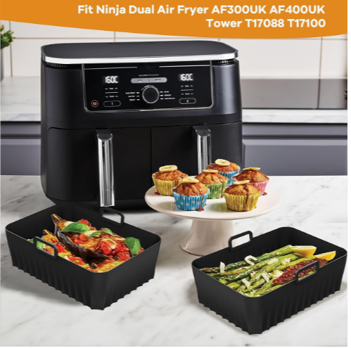 2pcs Silicone Air Fryer Liners for Ninja Foodi AF400UK AF300UK Dual Zone Reusable Non-Stick — thumbnail 5