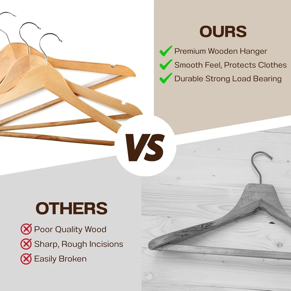 20 X WOODEN COAT HANGERS SUIT GARMENTS CLOTHES WOOD HANGER TROUSER BAR SET — thumbnail 3