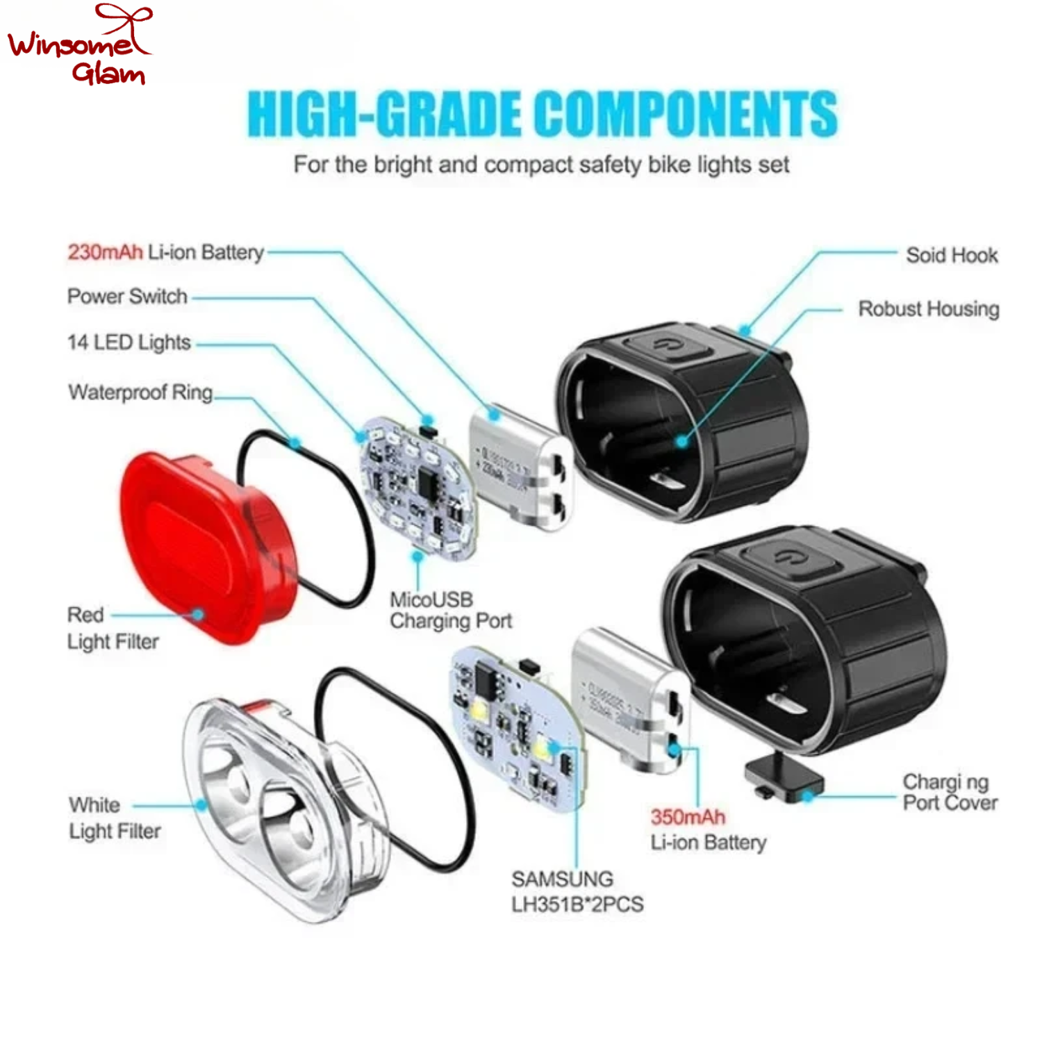 USB Rechargeable Bike Light Set – Super Bright 350 Lumens LED Front & Rear Bicycle Lights | Waterproof Cycling Safety Lamp | WinsomeGlam — thumbnail 3