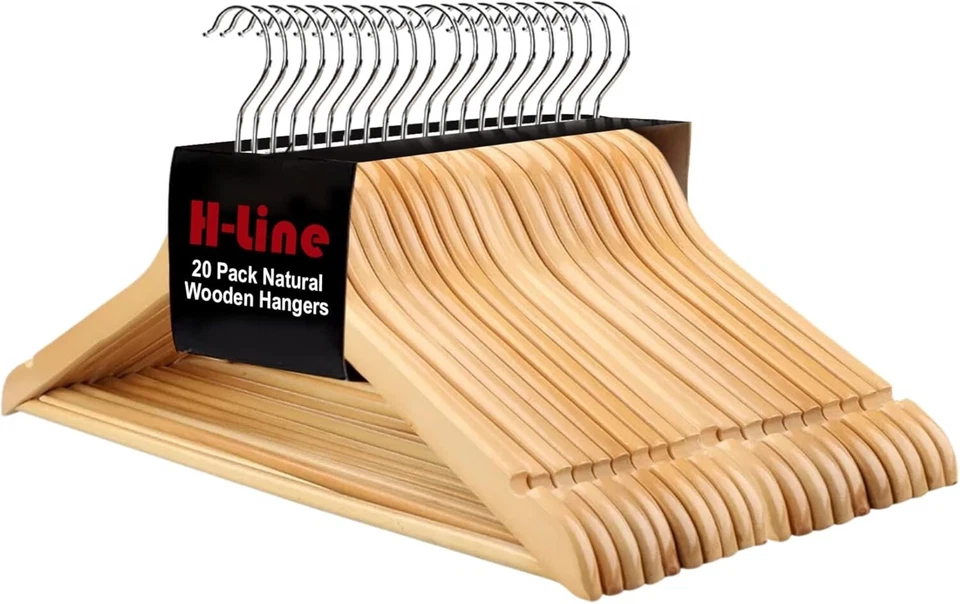 20 X WOODEN COAT HANGERS SUIT GARMENTS CLOTHES WOOD HANGER TROUSER BAR SET